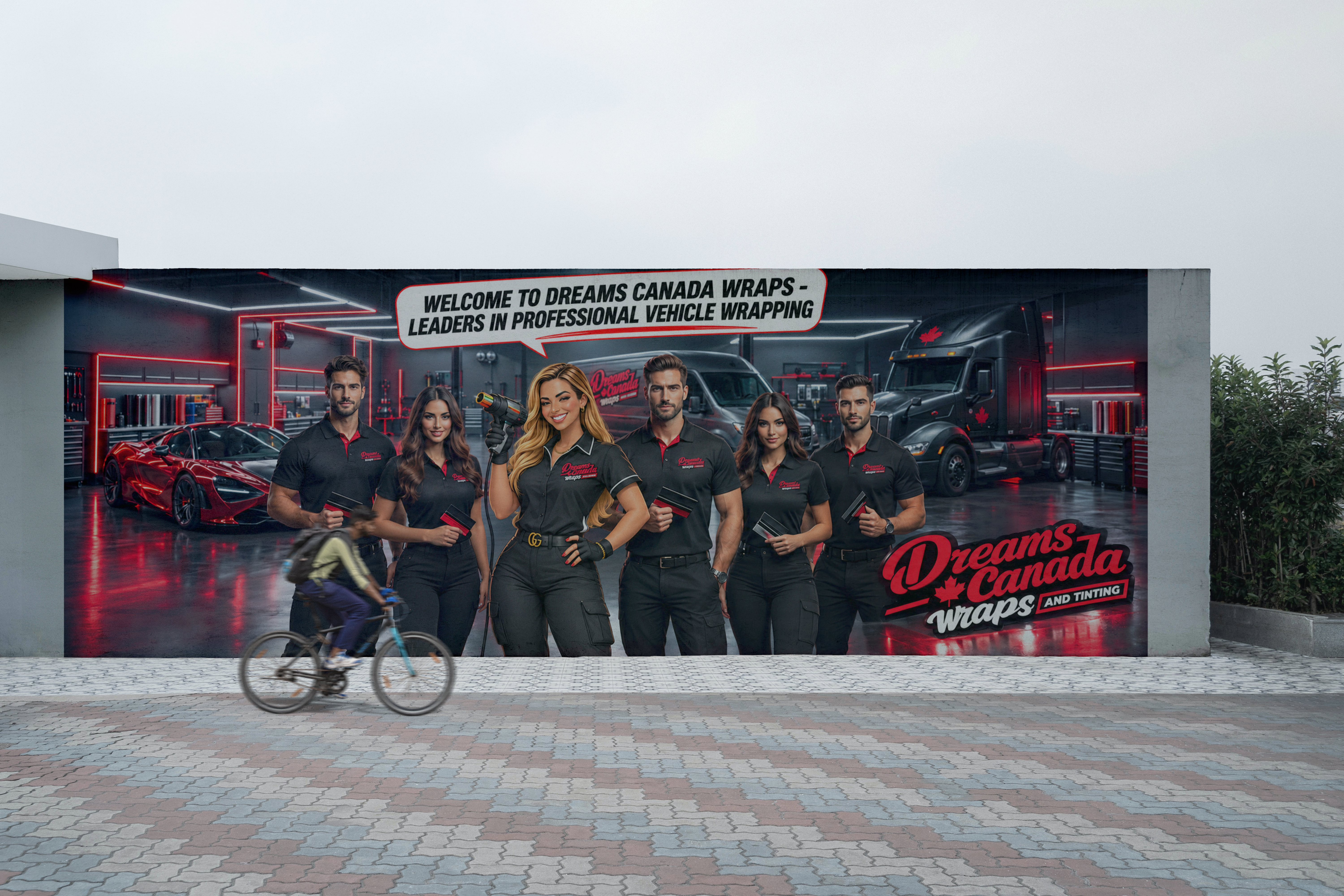 El mismo muro con el mural del equipo, la flota y el logo de Dreams Canada